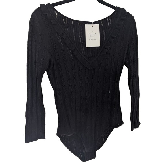 Sezane Lynn Bodysuit Black Open Knit Long Sleeve Ruffle Size Large - Picture 2 of 15